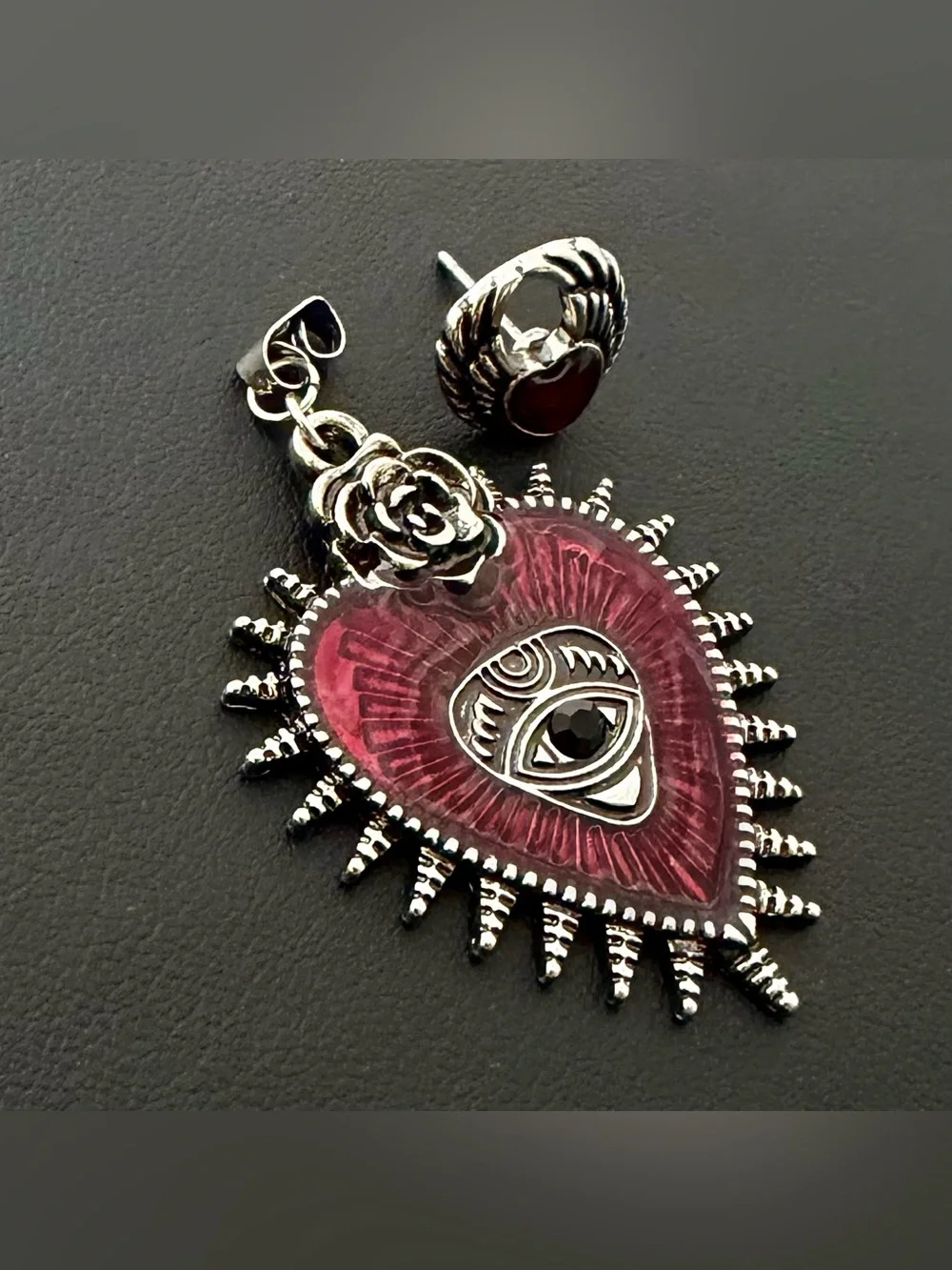 Gothic Crimson Sacred Heart & Protection Eye Dangle Earrings